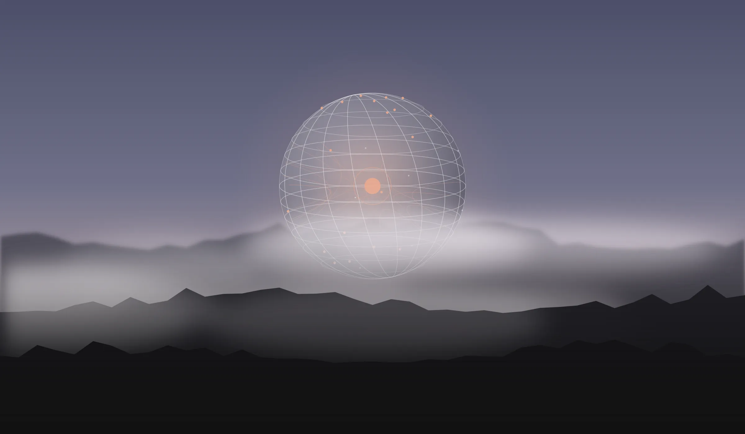 A wire sphere hanging over a fogged ridge at dusk, the Cortiq scene